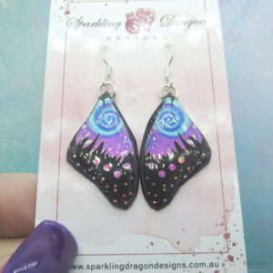 Butterfly Wings Size Earrings Blue Swirl and Pink - Fairy Jewellery