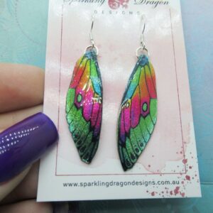 Butterfly Earrings Green and Pink Rainbow - Fairy Jewellery, Fun Gift for her Fairy Wing Earrings - Sparkly - Resin with Glitter Finish