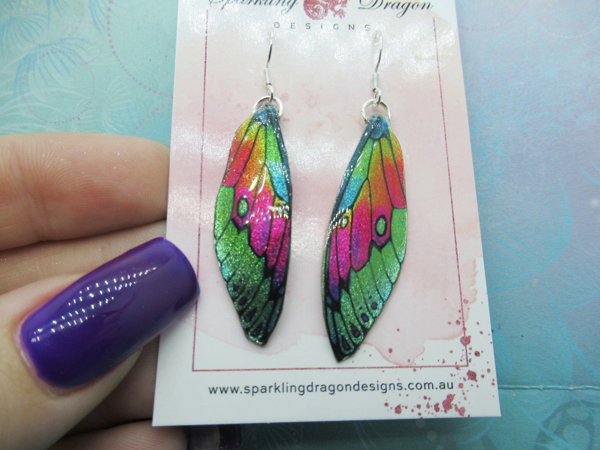 Butterfly Earrings Green and Pink Rainbow - Fairy Jewellery, Fun Gift for her Fairy Wing Earrings - Sparkly - Resin with Glitter Finish