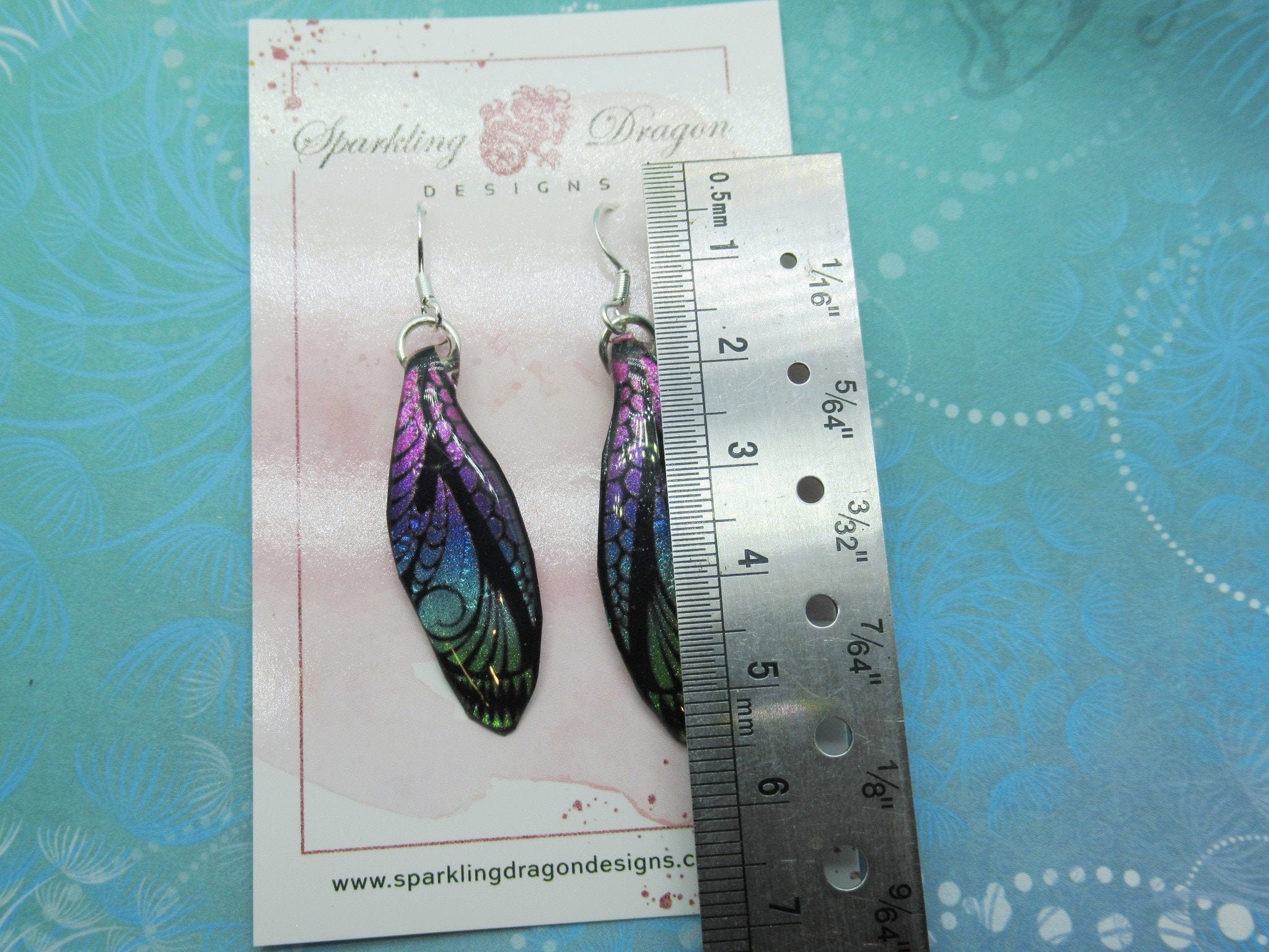 Butterfly Earrings Patterned, Pink to Green - Fairy Jewellery Fun Gift for her Fairy Wing Earrings - Sparkly - Resin with Glitter Finish - Image 3
