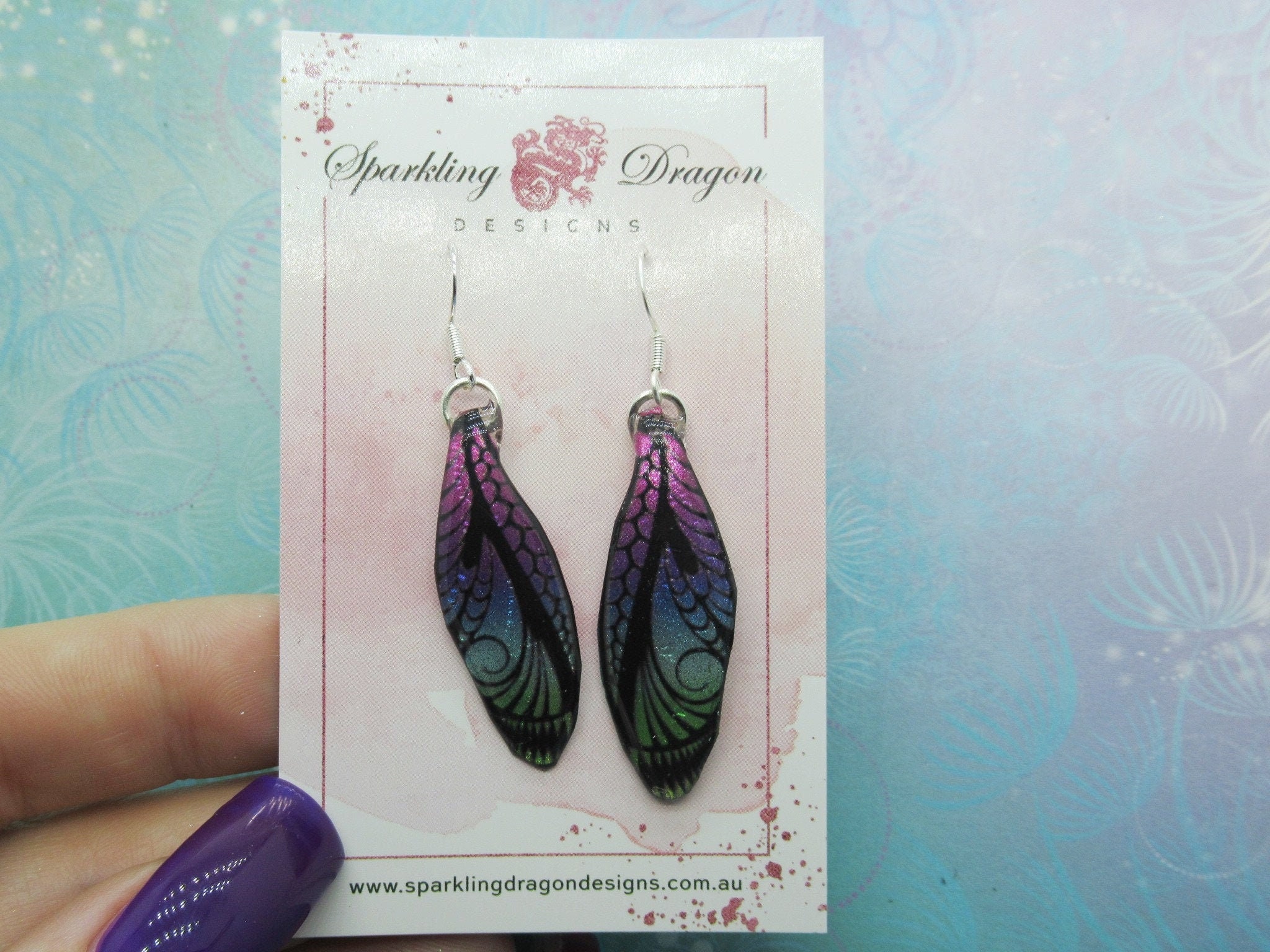 Butterfly Earrings Patterned, Pink to Green - Fairy Jewellery Fun Gift for her Fairy Wing Earrings - Sparkly - Resin with Glitter Finish - Image 2