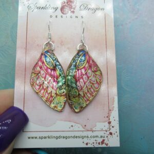 Butterfly Earrings Stained Glass Pink, Blue & Gold - Fairy Jewellery, Gift for her Statement Present Sparkly - Resin with Glitter Finish