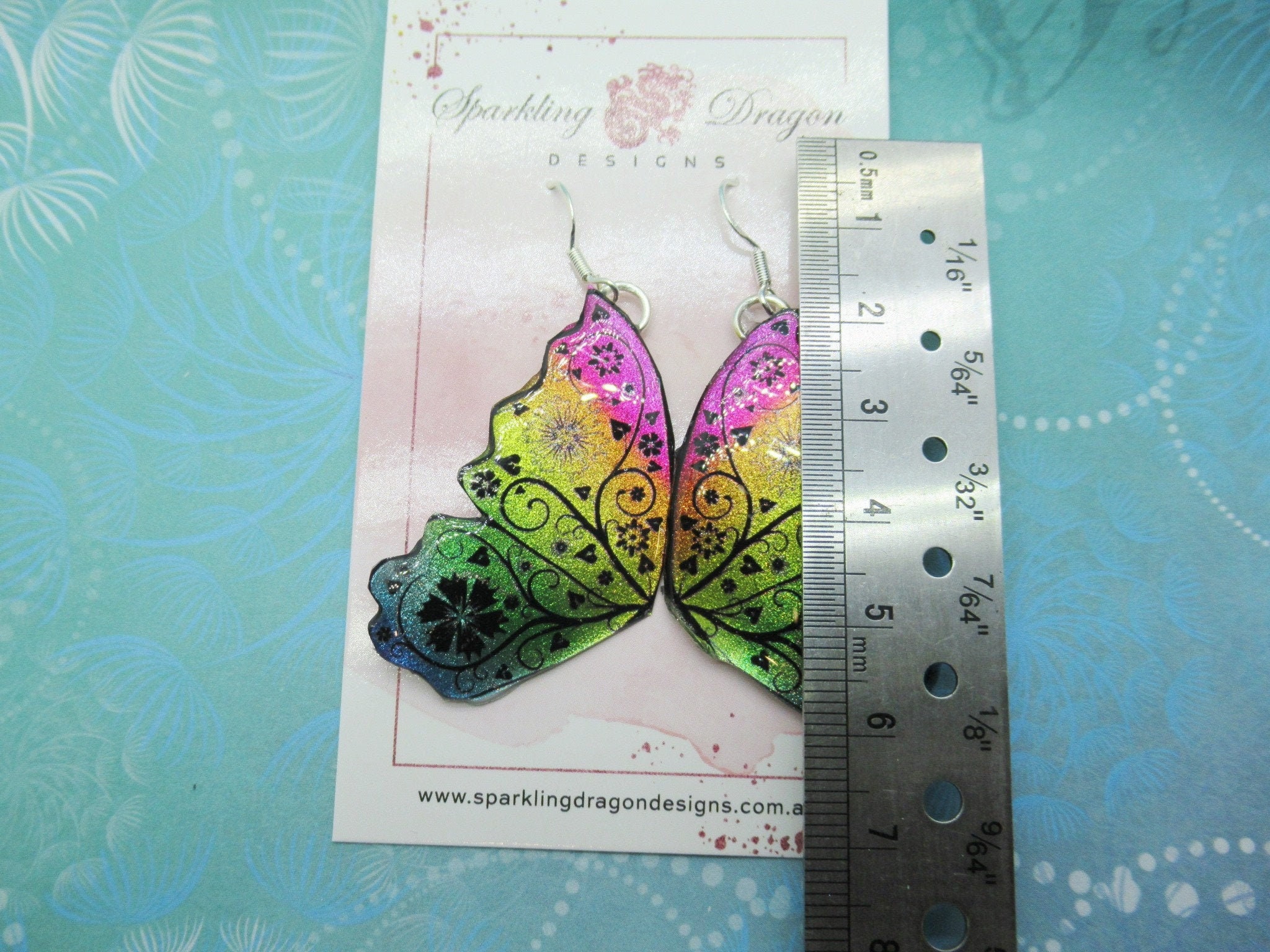 Butterfly Double Wing Earrings Rainbow - Fairy Jewellery Fun Gift for her, Fairy Wing Earrings - Sparkly - Resin with Glitter Finish - Image 3