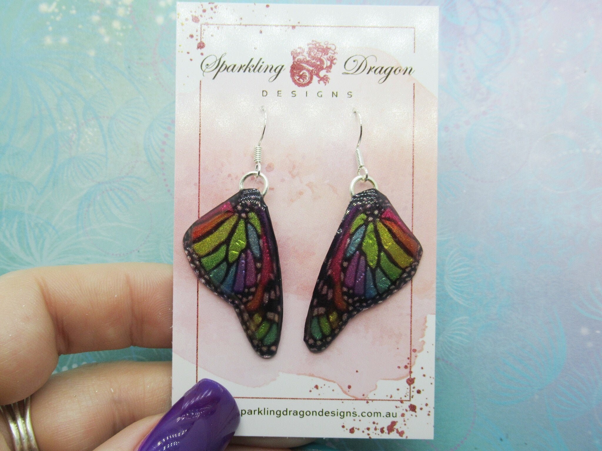 Butterfly Earrings Stained Glass Rainbow - Fairy Jewellery, Gift for her Fairy Wing Earrings - Sparkly - Resin with Glitter Finish - Image 2