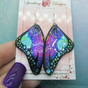 Butterfly Earrings Swirling Pink, Purple & Blue - Fairy Jewellery Fun Gift for her Statement Present Sparkly - Resin with Glitter Finish