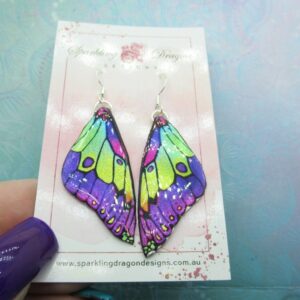 Butterfly Earrings Stained Purple and Lime Green Fairy Jewellery, Gift for her Fairy Wing Earrings - Sparkly - Resin with Glitter Finish