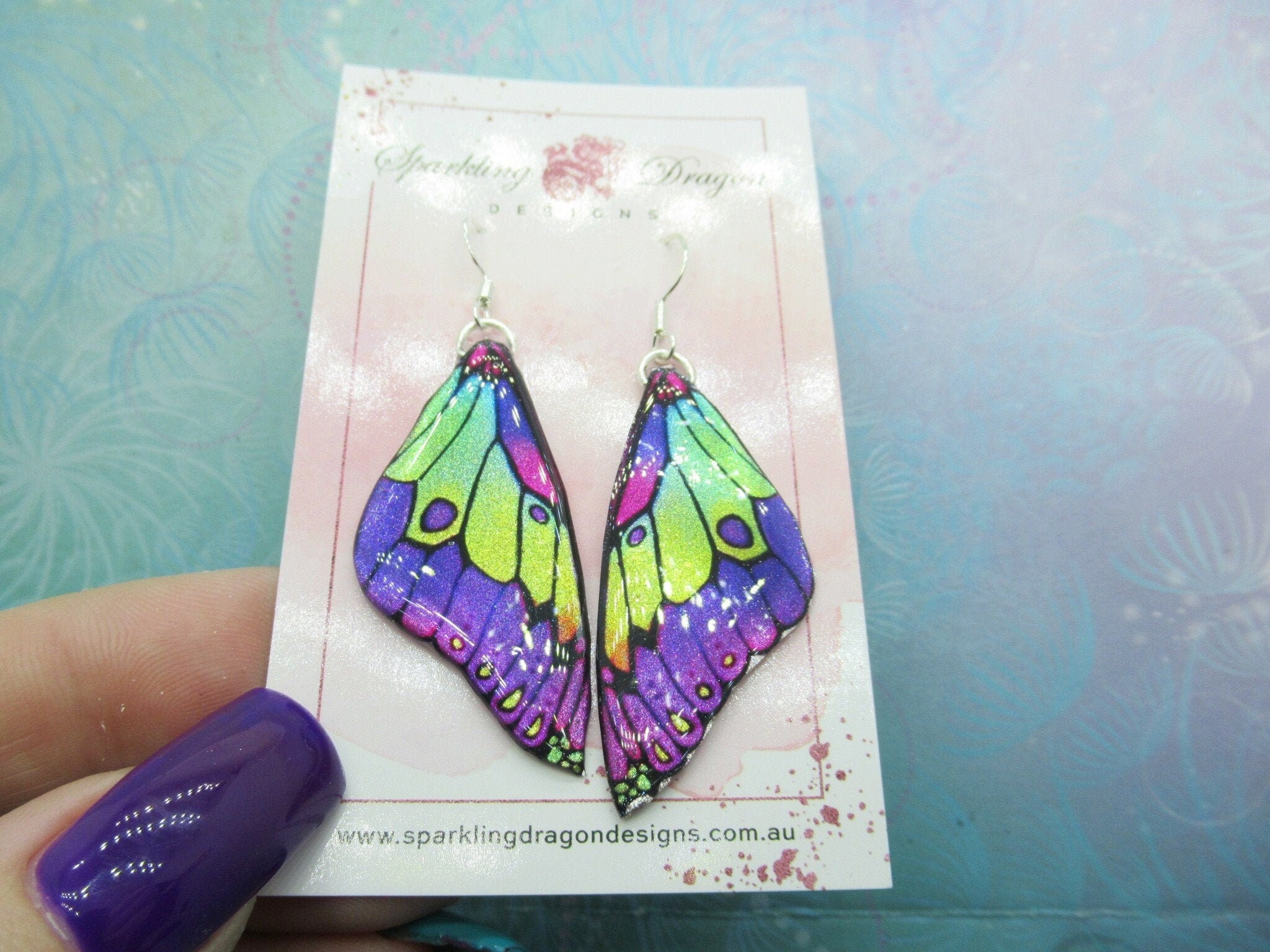 Butterfly Earrings Stained Purple and Lime Green Fairy Jewellery, Gift for her Fairy Wing Earrings - Sparkly - Resin with Glitter Finish