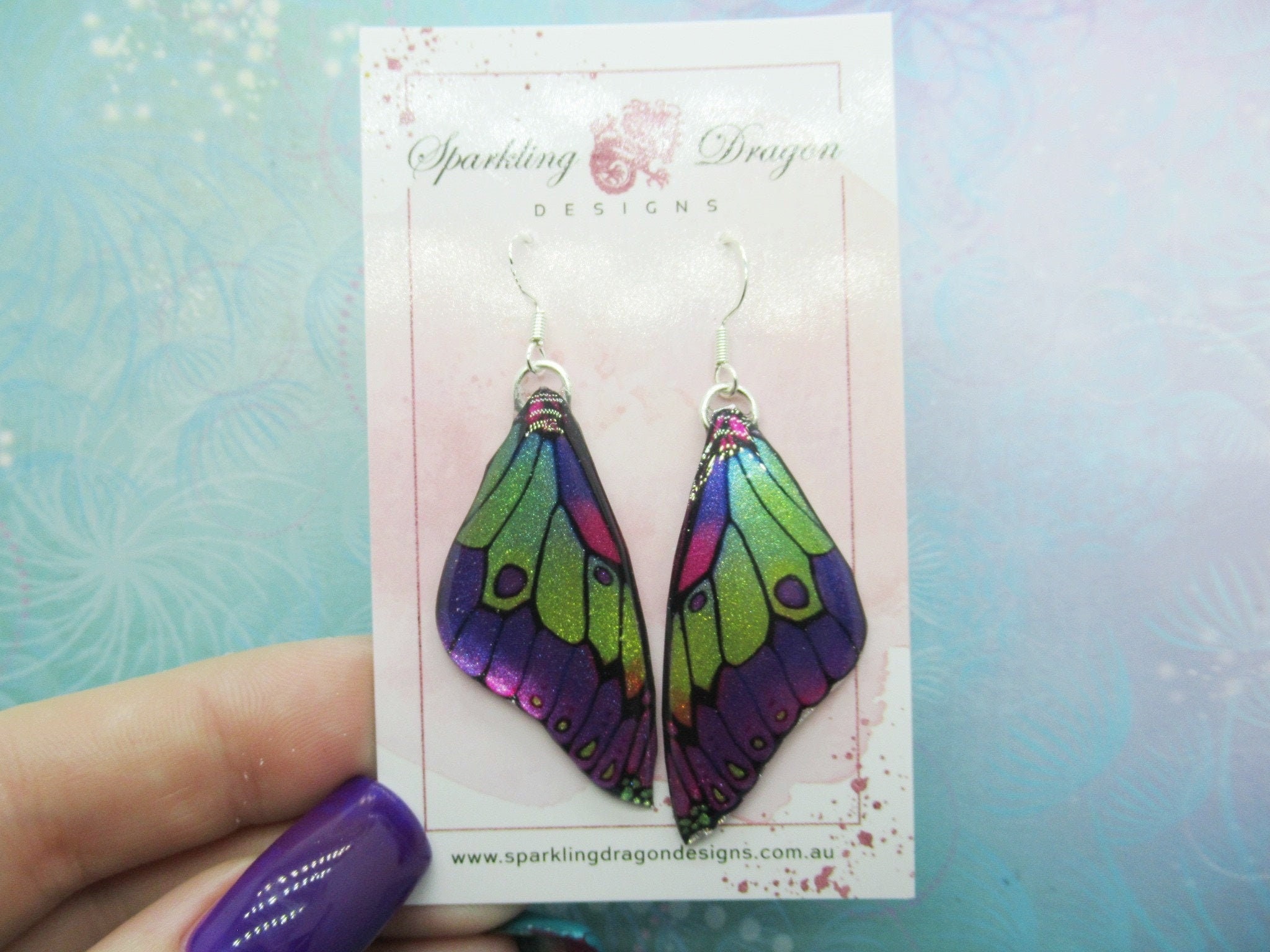 Butterfly Earrings Stained Purple and Lime Green Fairy Jewellery, Gift for her Fairy Wing Earrings - Sparkly - Resin with Glitter Finish - Image 2