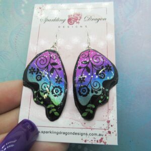 Floral Butterfly Wing Earrings – Iridescent Glitter Resin, Fairy Jewelry