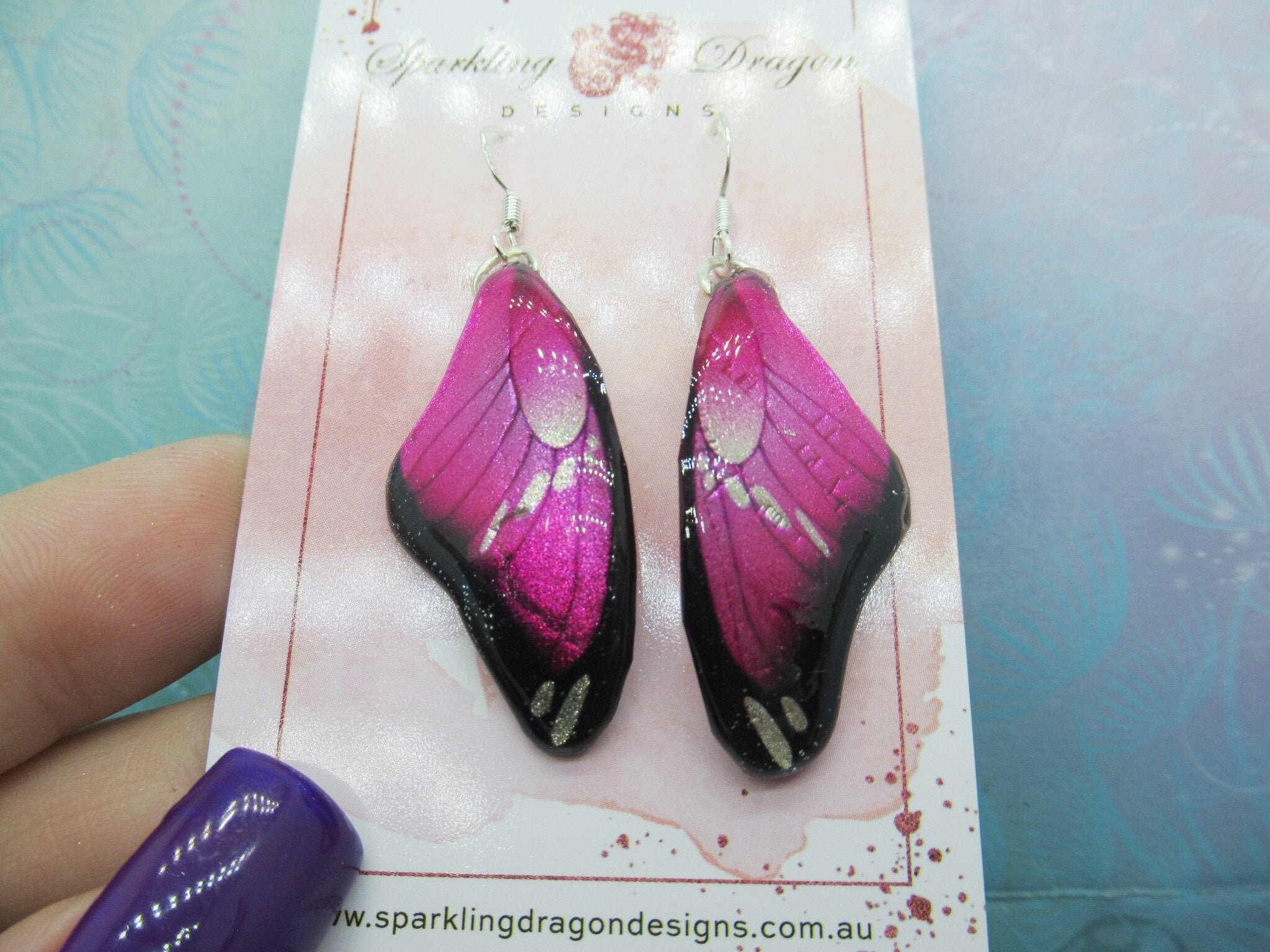 Butterfly Earrings Pink and Black - Fairy Jewellery, Fun Gift for her Fairy Wing Earrings - Sparkly - Resin with Glitter Finish - Image 3