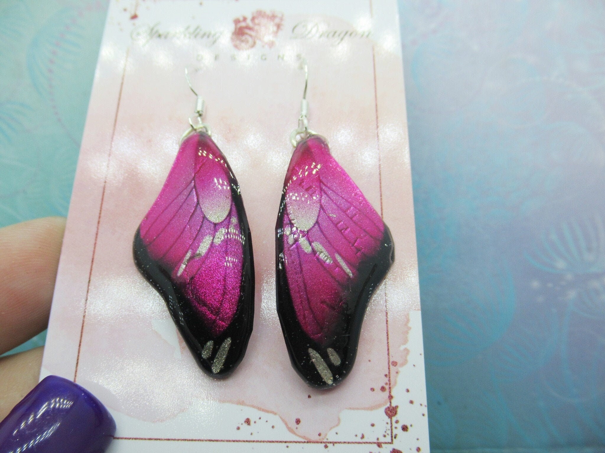 Butterfly Earrings Pink and Black - Fairy Jewellery, Fun Gift for her Fairy Wing Earrings - Sparkly - Resin with Glitter Finish