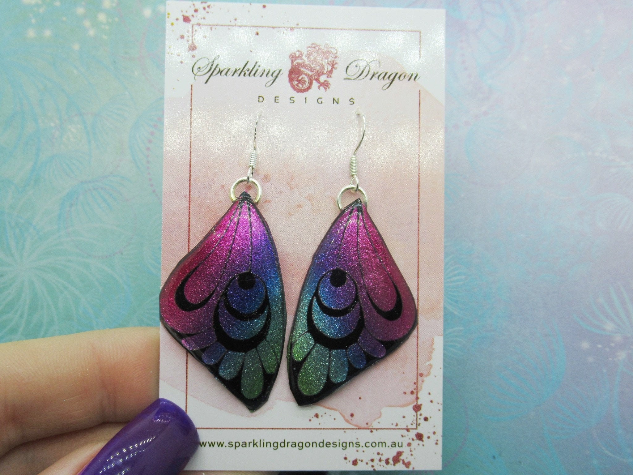 Butterfly Earrings Pink and Blue with Crescents - Fairy Jewellery, Gift for her Fairy Wing Earrings - Sparkly - Resin with Glitter Finish - Image 2