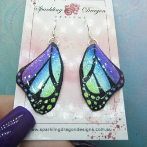 Butterfly Earrings Blue Evening Mist Large Spots- Fairy Jewellery, Fun Gift for her Statement Present Sparkly - Resin with Glitter Finish