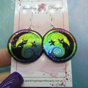 Mystic Kitty Witchy Cat Earrings - New Age Boho gift - Swirling Blue & Green in Resin with Glitter Finish