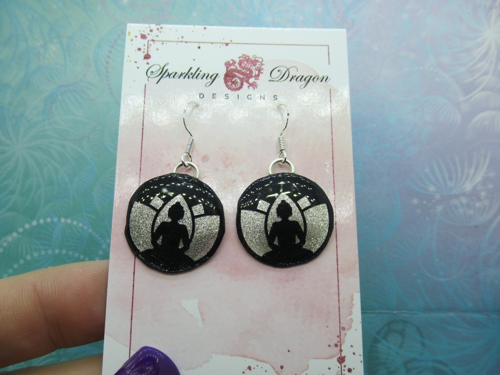 Lotus Peaceful Meditating Yoga Earrings - New Age Boho gift - Sparkling Silver in Resin with Glitter Finish