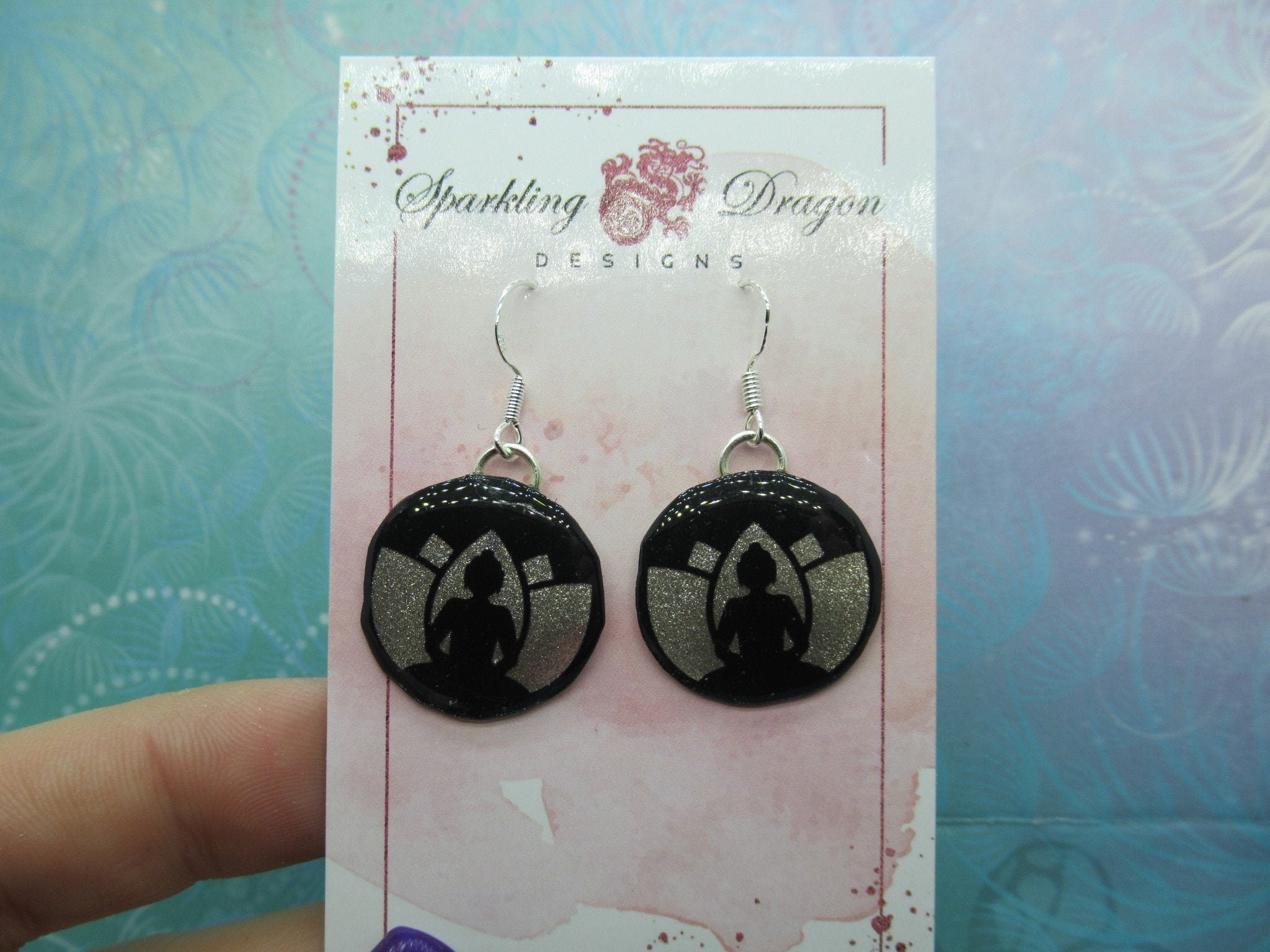 Lotus Peaceful Meditating Yoga Earrings - New Age Boho gift - Sparkling Silver in Resin with Glitter Finish - Image 2