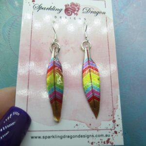 Pretty Feather Earrings - New Age Boho gift - Lovely Mixed Colours in Resin with Glitter Finish