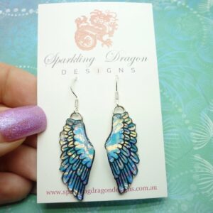 Sparkling Angel Wing Earrings, Blue and Gold with a Hint of Pink - New Age - gift - Resin with Glitter Finish