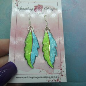 Pretty Feather Earrings - New Age Boho gift - Lovely Blue & Green Colours in Resin with Glitter Finish