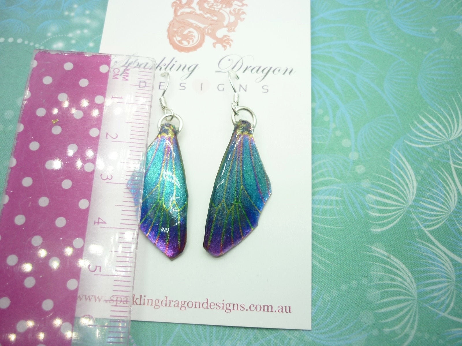 Butterfly Earrings Blue with Green & Pink Lines - Fairy Jewellery, Fun Gift for her Statement Present Sparkly - Resin with Glitter Finish - Image 4