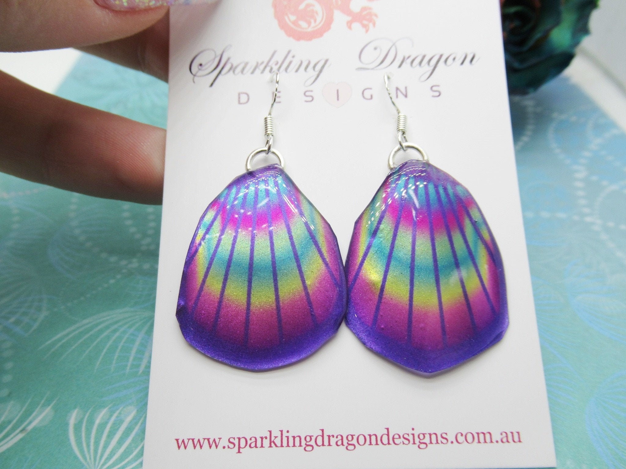 Butterfly Wing Earrings Blue & Rainbow Lines- Fairy Jewellery, Fun Gift for her Fairy Wing Earrings - Sparkly - Resin with Glitter Finish - Image 3
