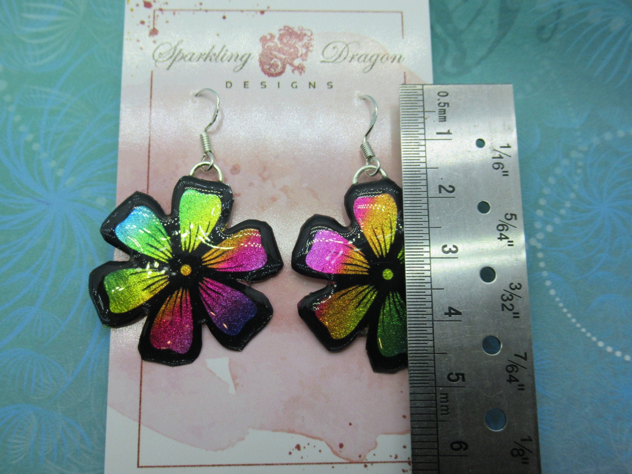 Feel Good Flower Earrings - New Age Boho gift - Rainbow Colours in Resin with Glitter Finish, Gift for Mum, Teacher Gift, Birthday Present - Image 3