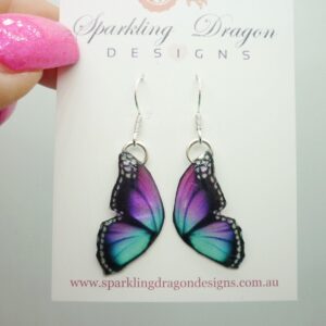 Butterfly Double Wing Earrings Little Blue & Pink - Fairy Jewellery Fun Gift for her, Fairy Wing Earrings - Sparkly - Resin, Glitter finish