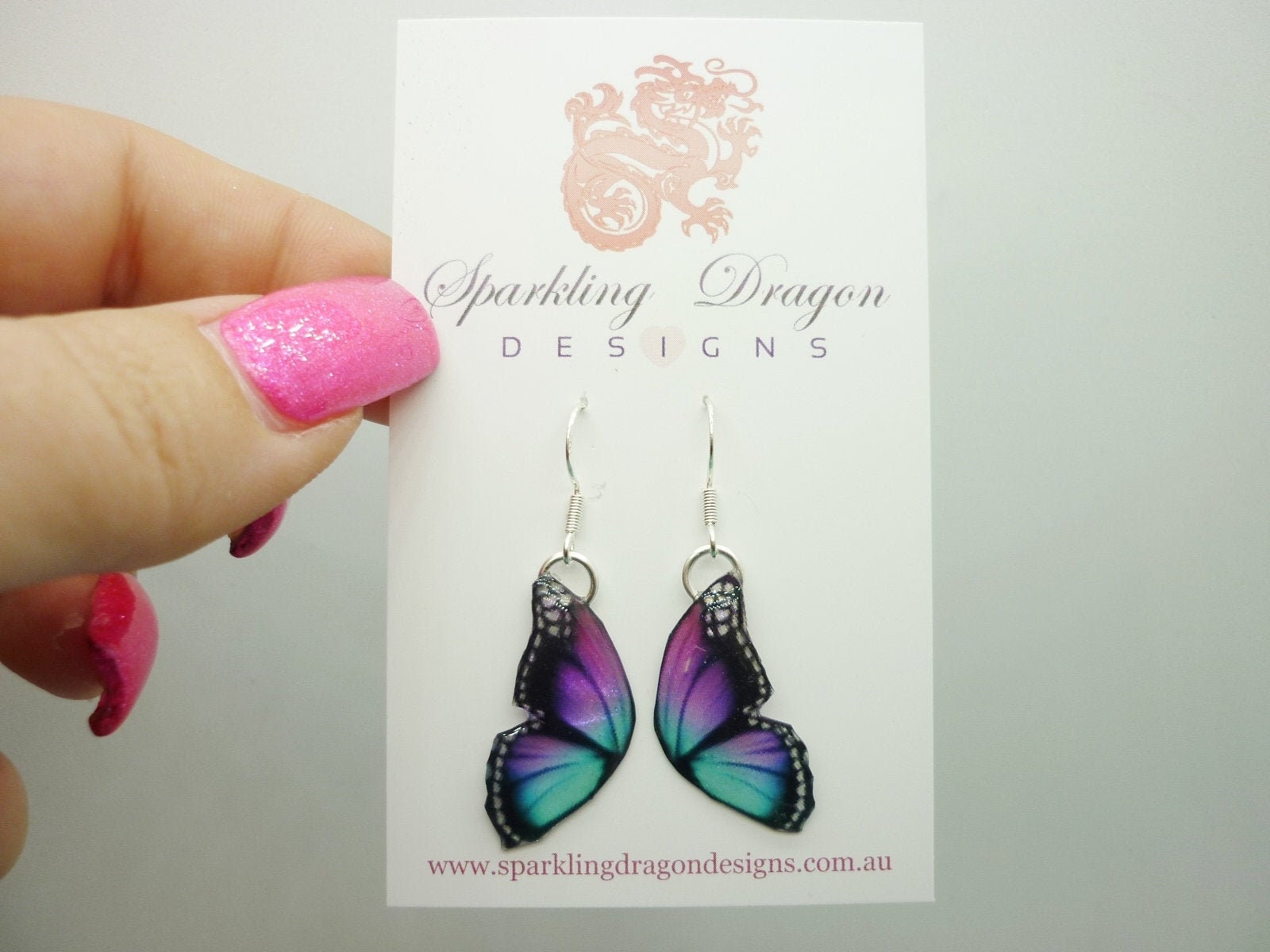 Butterfly Double Wing Earrings Little Blue & Pink - Fairy Jewellery Fun Gift for her, Fairy Wing Earrings - Sparkly - Resin, Glitter finish - Image 2