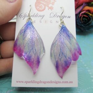 Butterfly Wing Earrings Misting Purple and Blue - Fairy Jewellery, Fun Gift for her Statement Present Sparkly - Resin with Glitter Finish