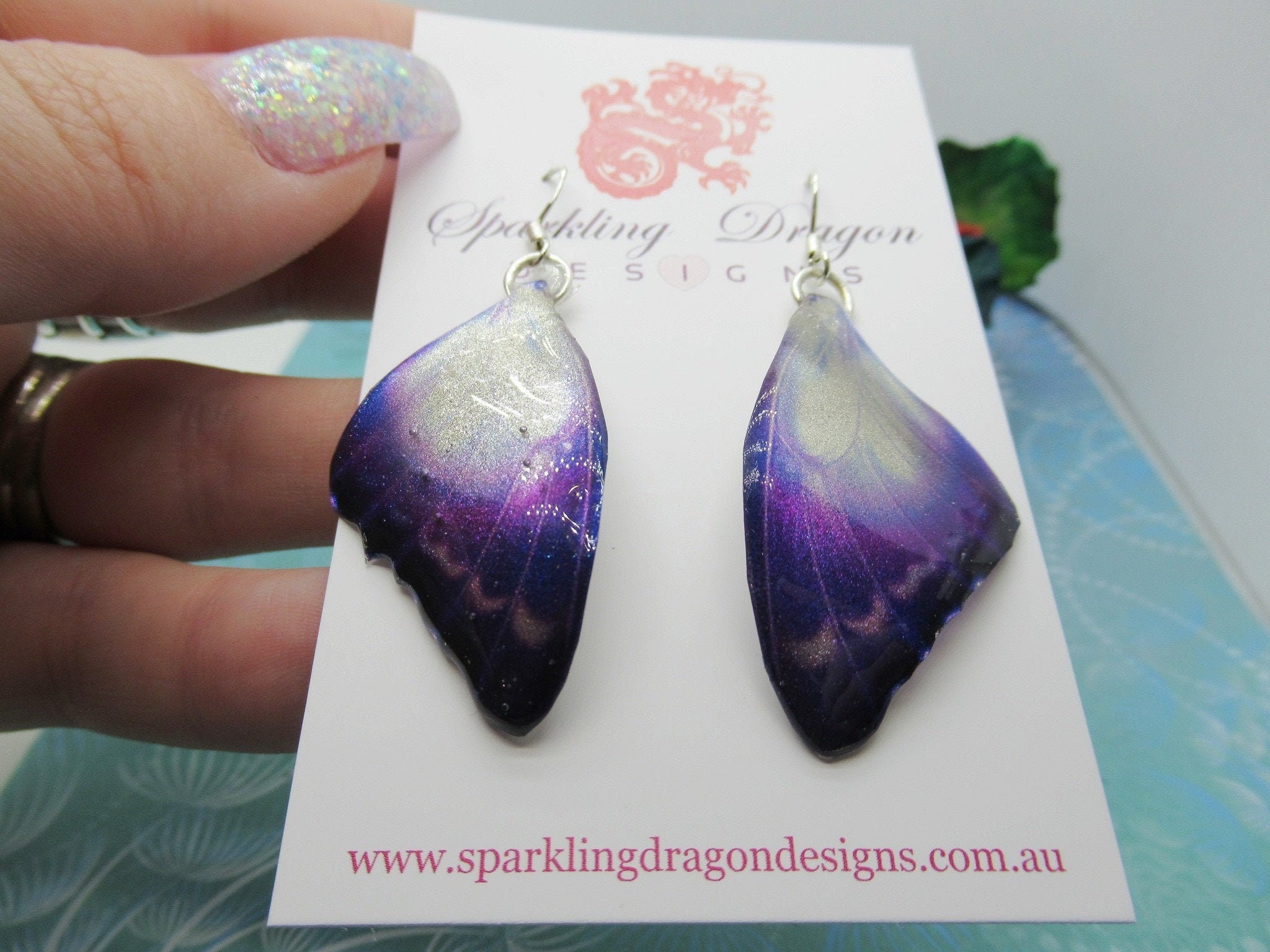 Butterfly Earrings Mystic Midnight - Fairy Jewellery Fun Gift for her, Fairy Wing Earrings - Sparkly - Resin with Glitter Finish - Image 2