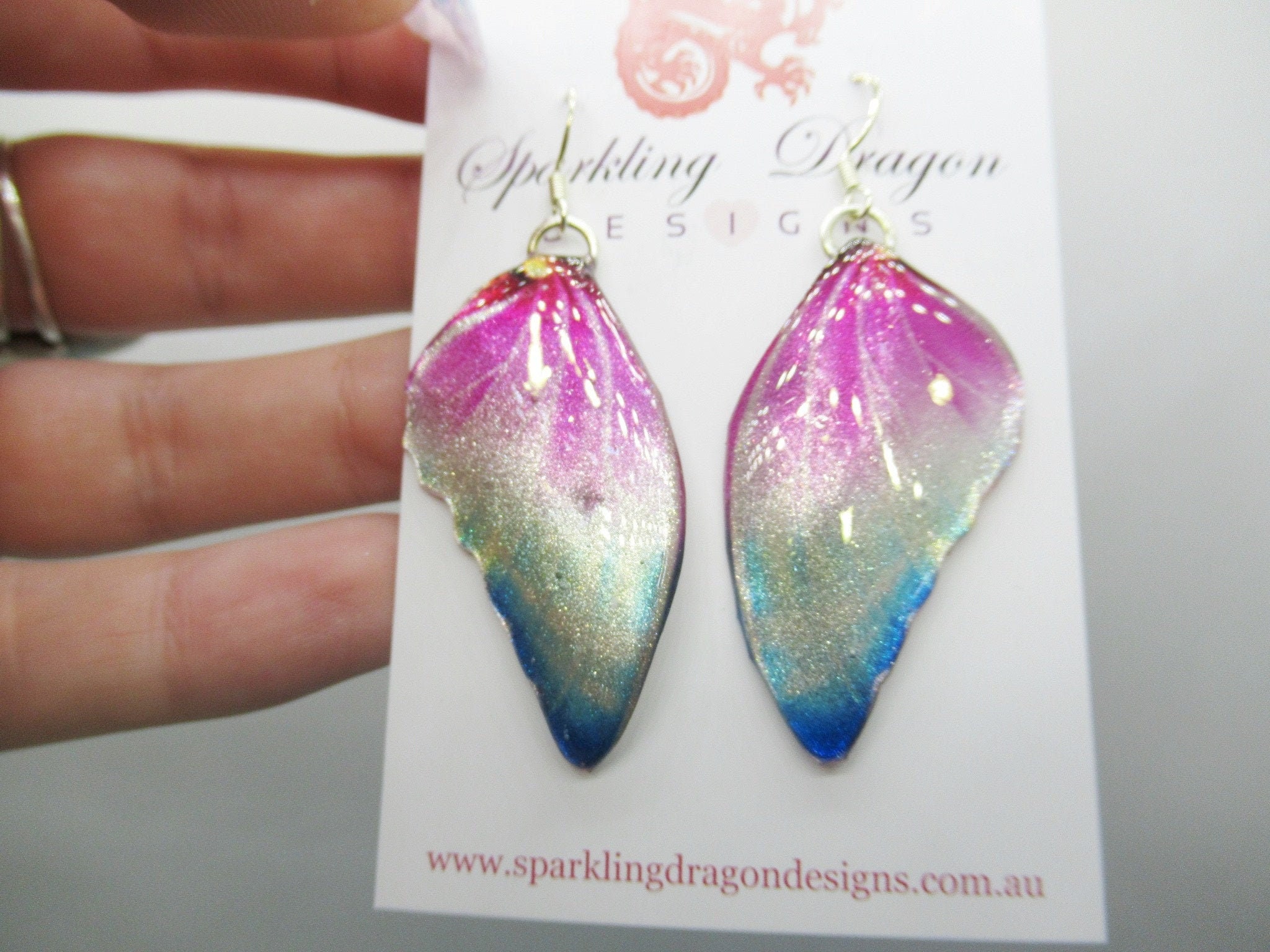 Butterfly Wing Earrings Misting Pink and Blue - Fairy Jewellery, Fun Gift for her Fairy Wing Earrings - Sparkly - Resin with Glitter Finish - Image 2
