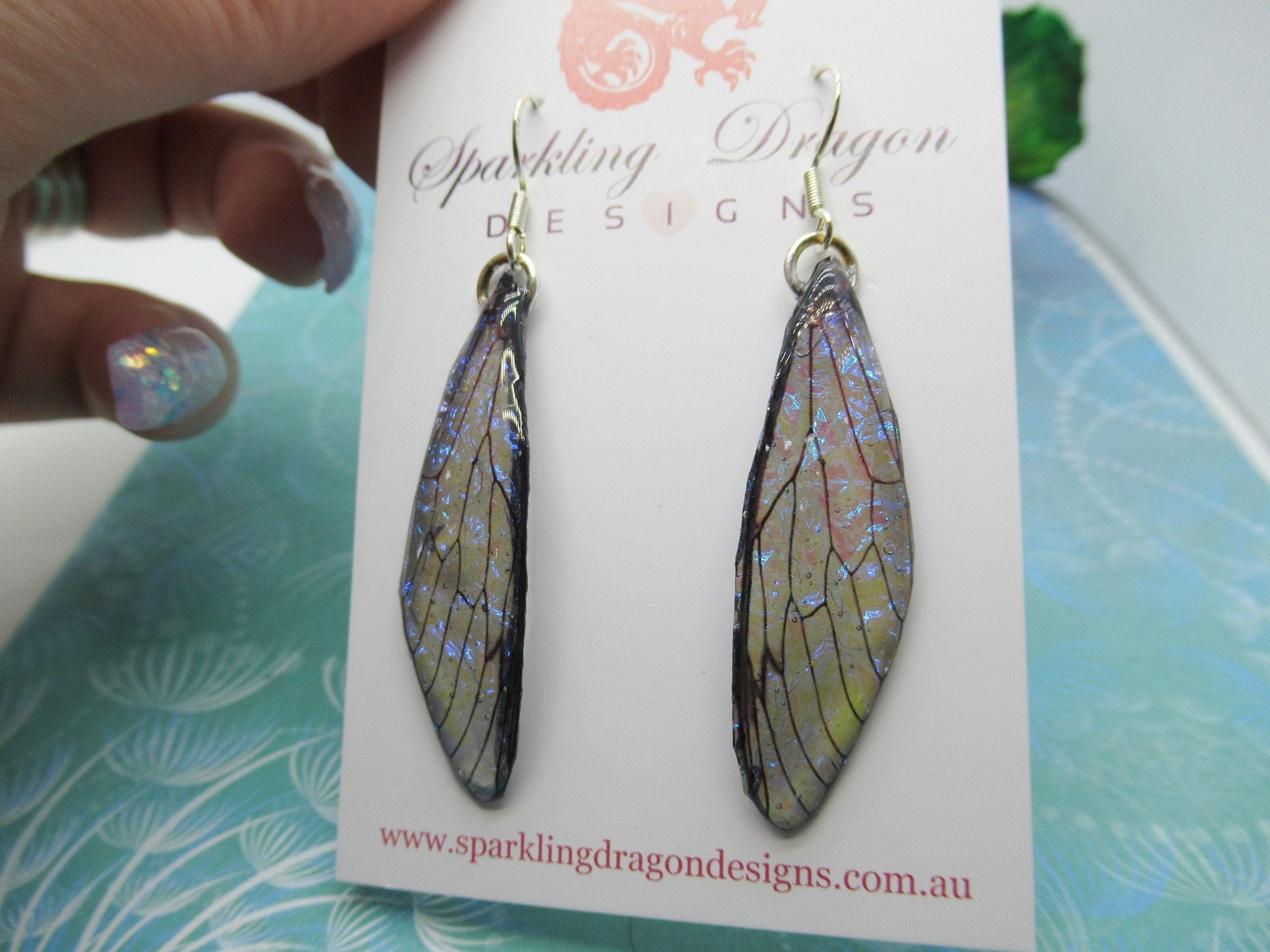 Butterfly Shimmer Blue & Grey Earrings - Fairy Jewellery Fun Gift Fairy Wing Earrings - Sparkly - Resin with Glitter Finish Dragonfly - Image 5