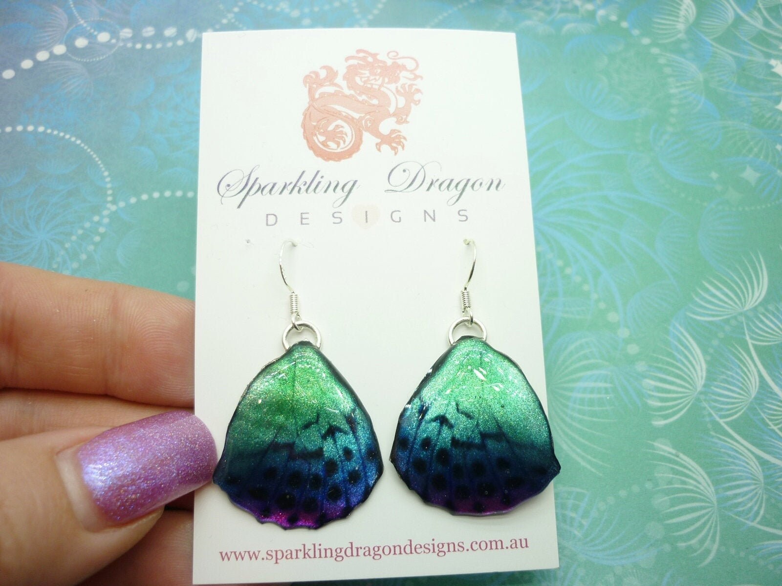 Butterfly Wing Earrings Blue & Pale Green/Pink- Fairy Jewellery, Fun Gift for her Fairy Wing Earrings - Sparkly - Resin with Glitter Finish - Image 3