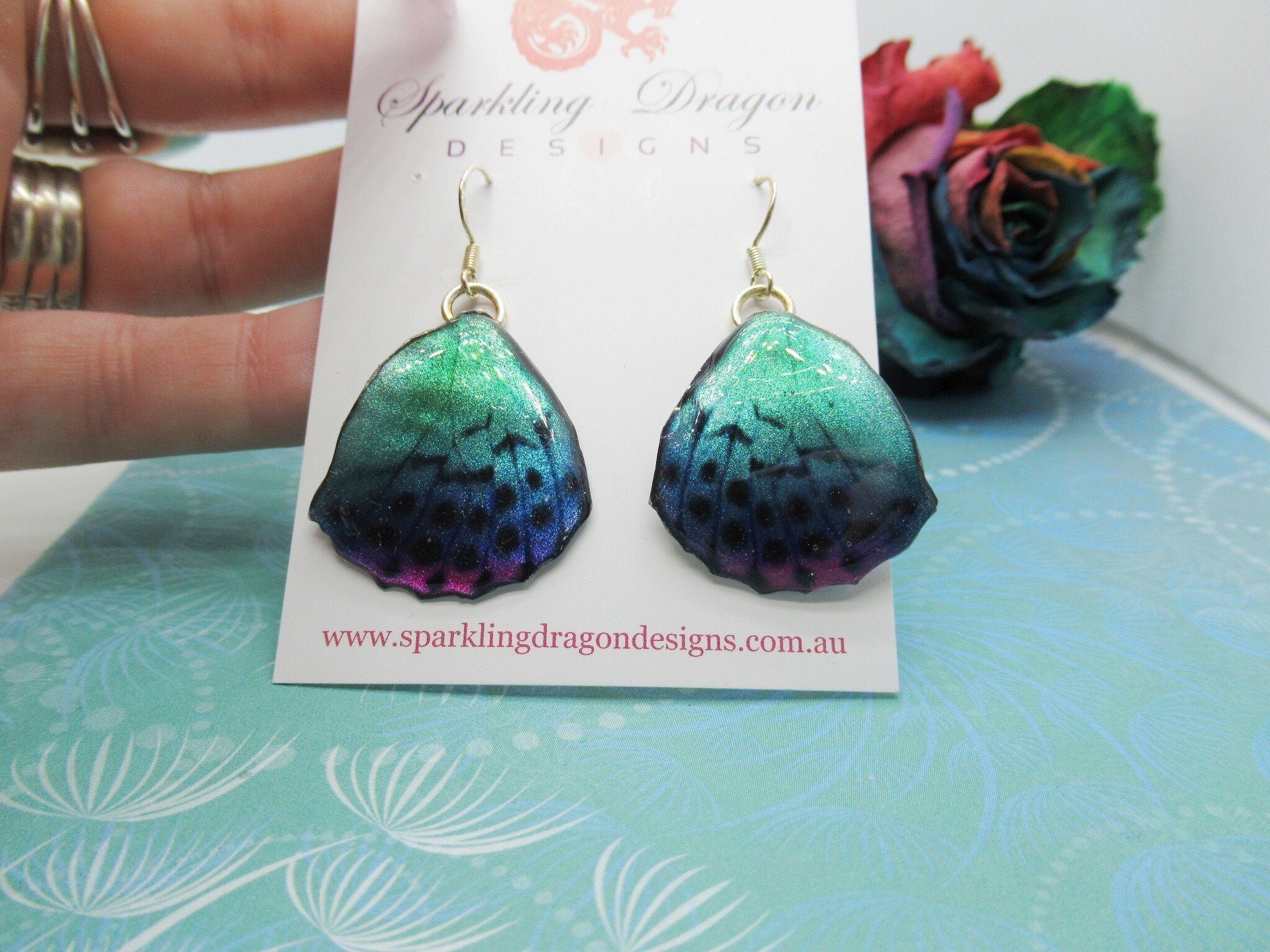 Butterfly Wing Earrings Blue & Pale Green/Pink- Fairy Jewellery, Fun Gift for her Fairy Wing Earrings - Sparkly - Resin with Glitter Finish - Image 10