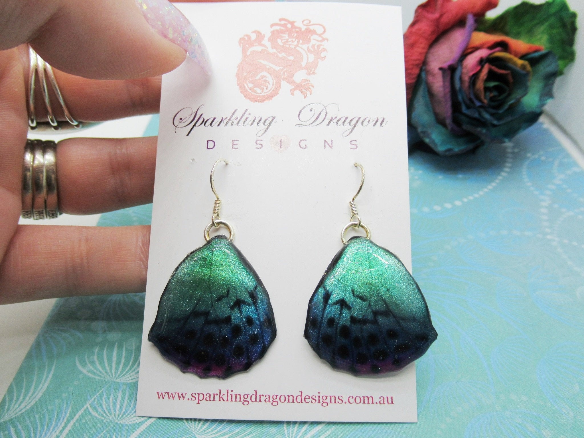 Butterfly Wing Earrings Blue & Pale Green/Pink- Fairy Jewellery, Fun Gift for her Fairy Wing Earrings - Sparkly - Resin with Glitter Finish - Image 9