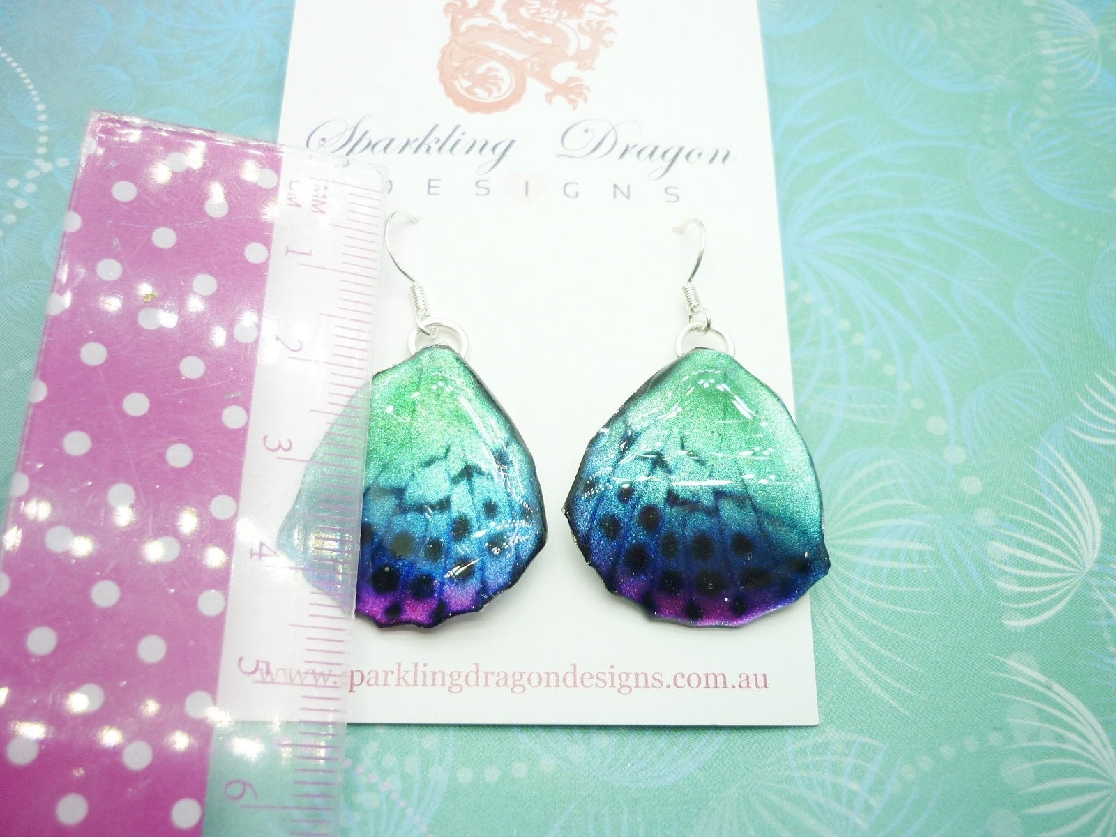 Butterfly Wing Earrings Blue & Pale Green/Pink- Fairy Jewellery, Fun Gift for her Fairy Wing Earrings - Sparkly - Resin with Glitter Finish - Image 5