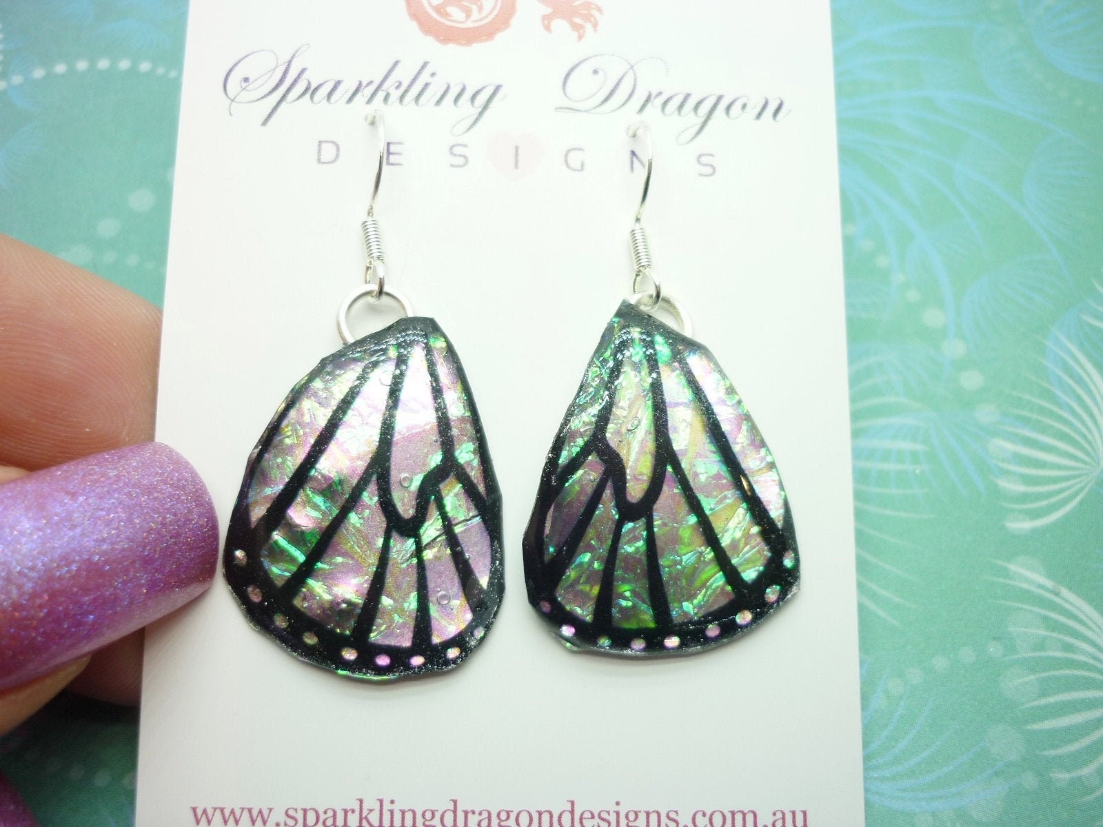 Butterfly Wings Earrings Colour Shift Pink/Green & Gold - Fairy Jewellery, Fairy Wing Earrings - Sparkly - Resin with Glitter Finish - Image 4