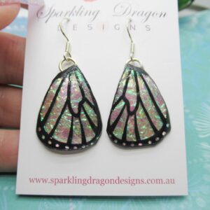 Butterfly Wings Earrings Colour Shift Pink/Green & Gold - Fairy Jewellery, Fairy Wing Earrings - Sparkly - Resin with Glitter Finish