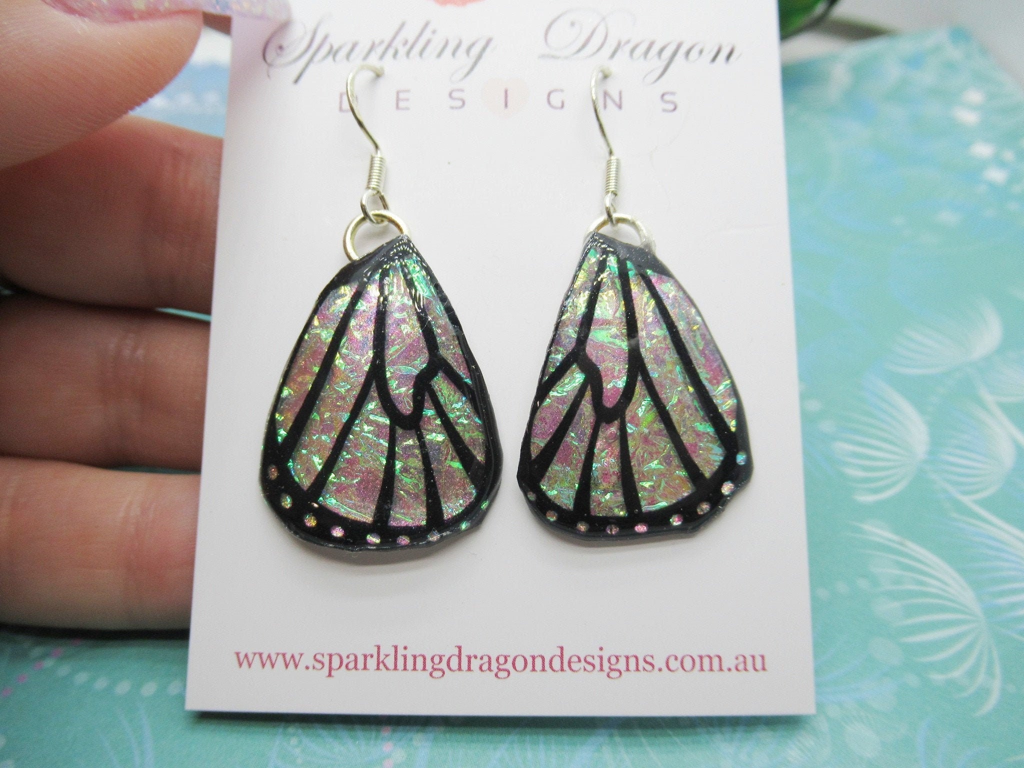 Butterfly Wings Earrings Colour Shift Pink/Green & Gold - Fairy Jewellery, Fairy Wing Earrings - Sparkly - Resin with Glitter Finish