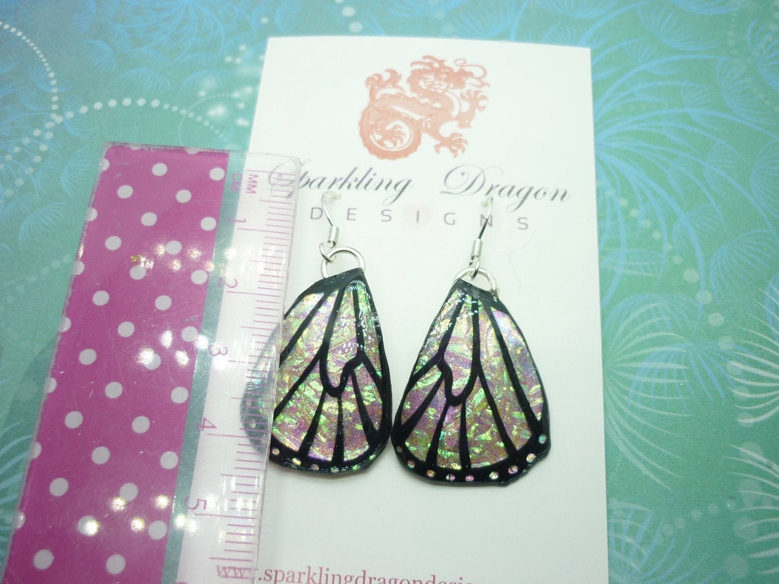 Butterfly Wings Earrings Colour Shift Pink/Green & Gold - Fairy Jewellery, Fairy Wing Earrings - Sparkly - Resin with Glitter Finish - Image 3