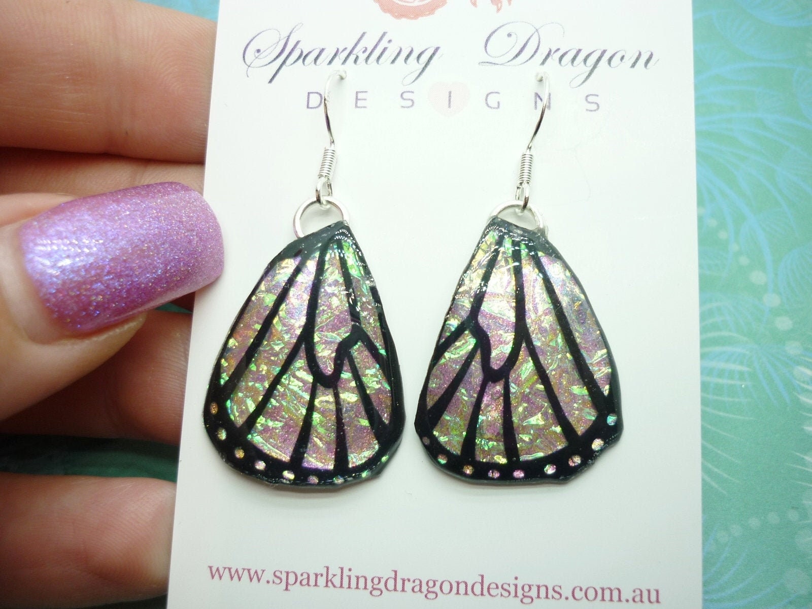 Butterfly Wings Earrings Colour Shift Pink/Green & Gold - Fairy Jewellery, Fairy Wing Earrings - Sparkly - Resin with Glitter Finish - Image 8