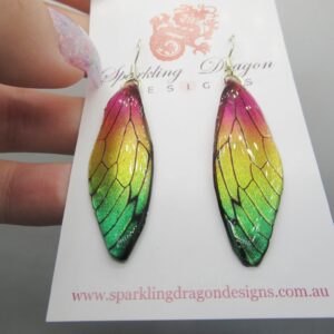 Butterfly Wing Pink, Yellow & Green Earrings - Fairy Jewellery, Fun Gift for her Fairy Wing Earrings - Sparkly - Resin with Glitter Finish