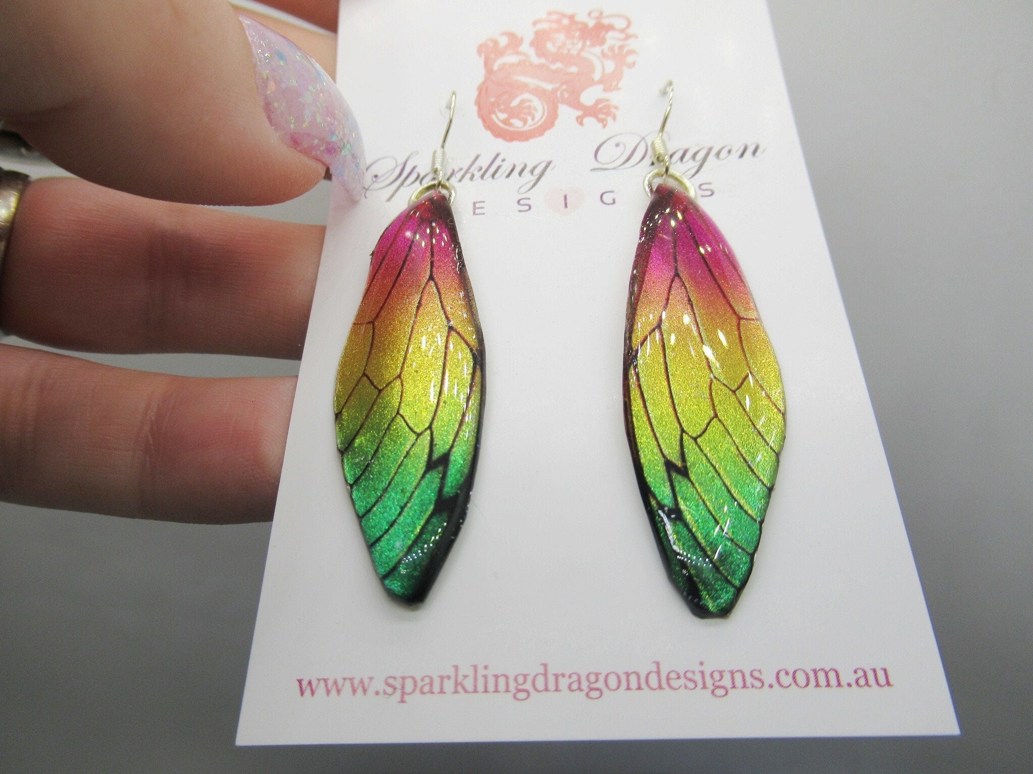 Butterfly Wing Pink, Yellow & Green Earrings - Fairy Jewellery, Fun Gift for her Fairy Wing Earrings - Sparkly - Resin with Glitter Finish