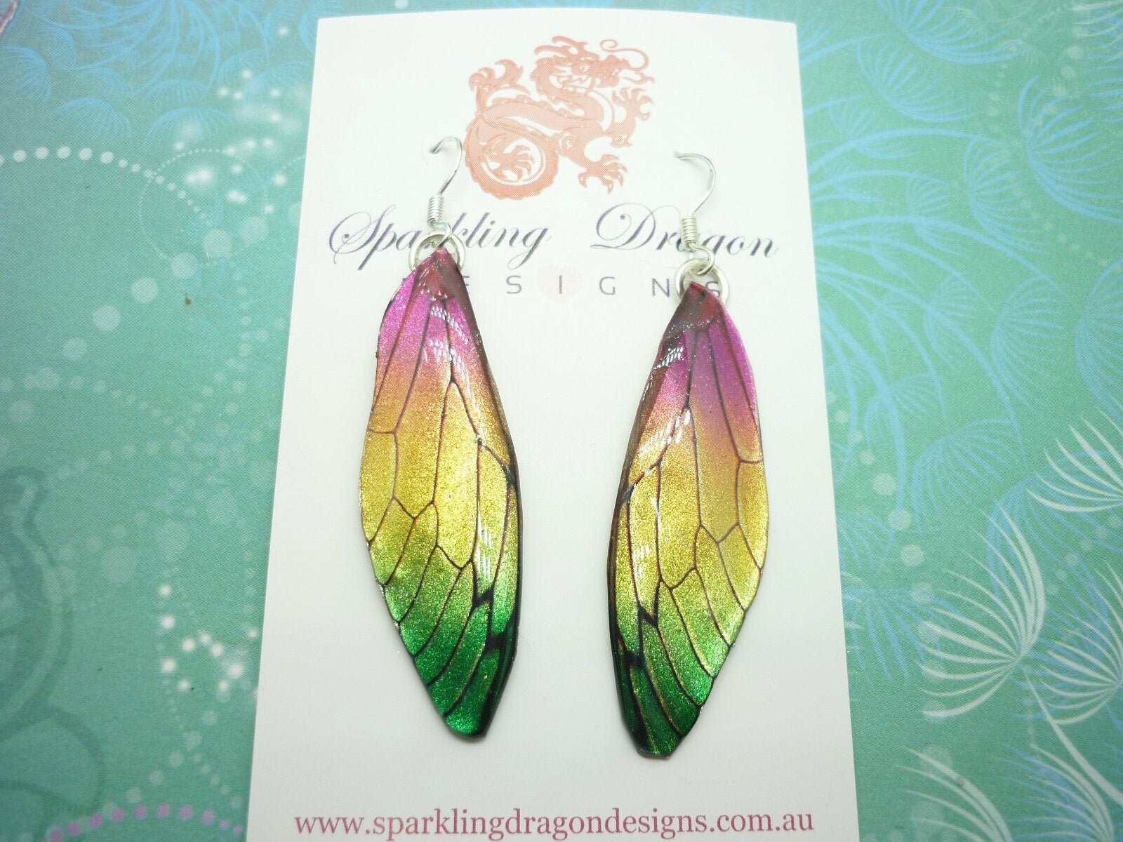 Butterfly Wing Pink, Yellow & Green Earrings - Fairy Jewellery, Fun Gift for her Fairy Wing Earrings - Sparkly - Resin with Glitter Finish - Image 7