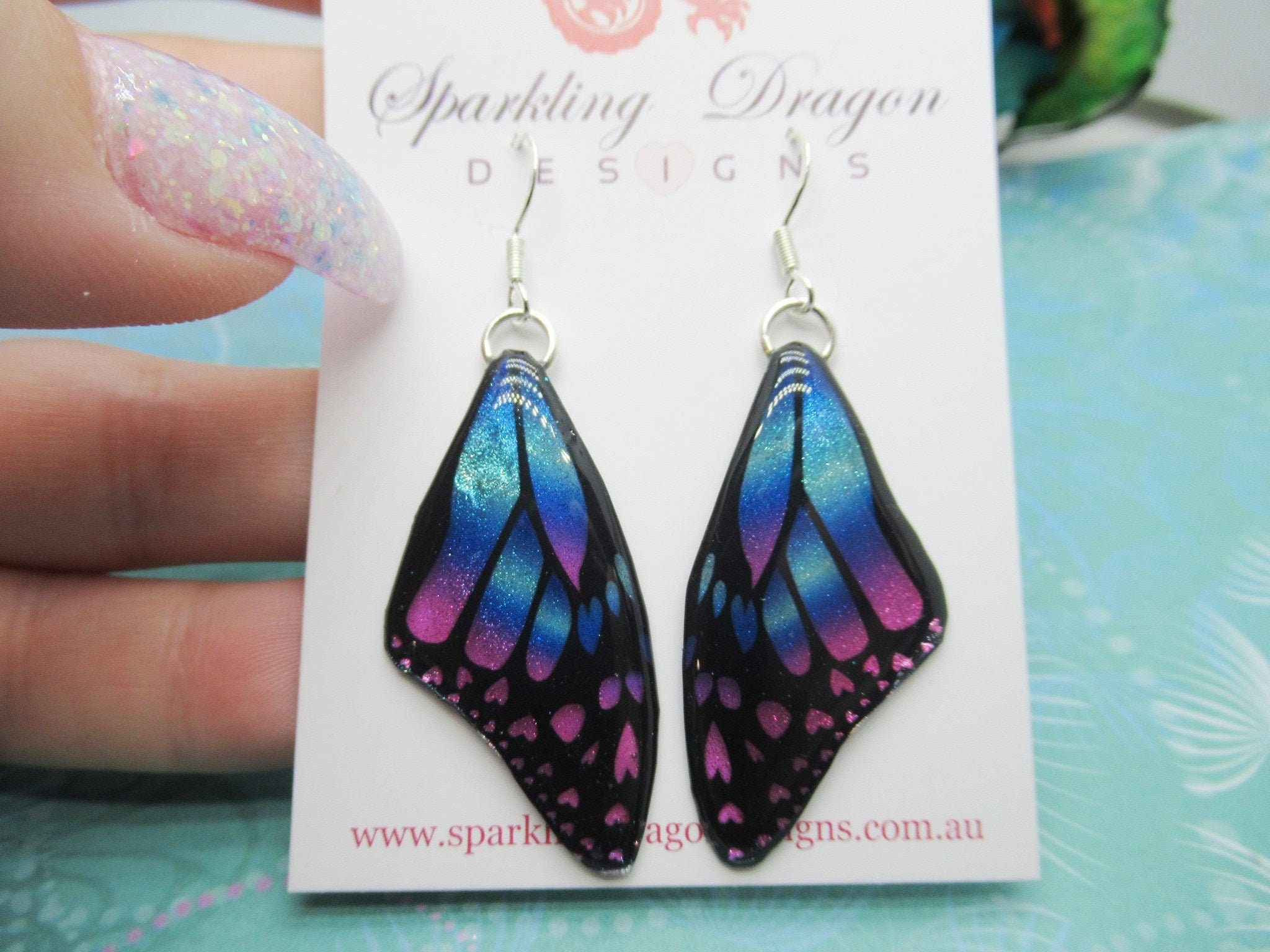 Butterfly Wing Earrings Blue & Pink - Fairy Jewellery, Fun Gift for her Fairy Wing Earrings - Sparkly - Resin with Glitter Finish - Image 3
