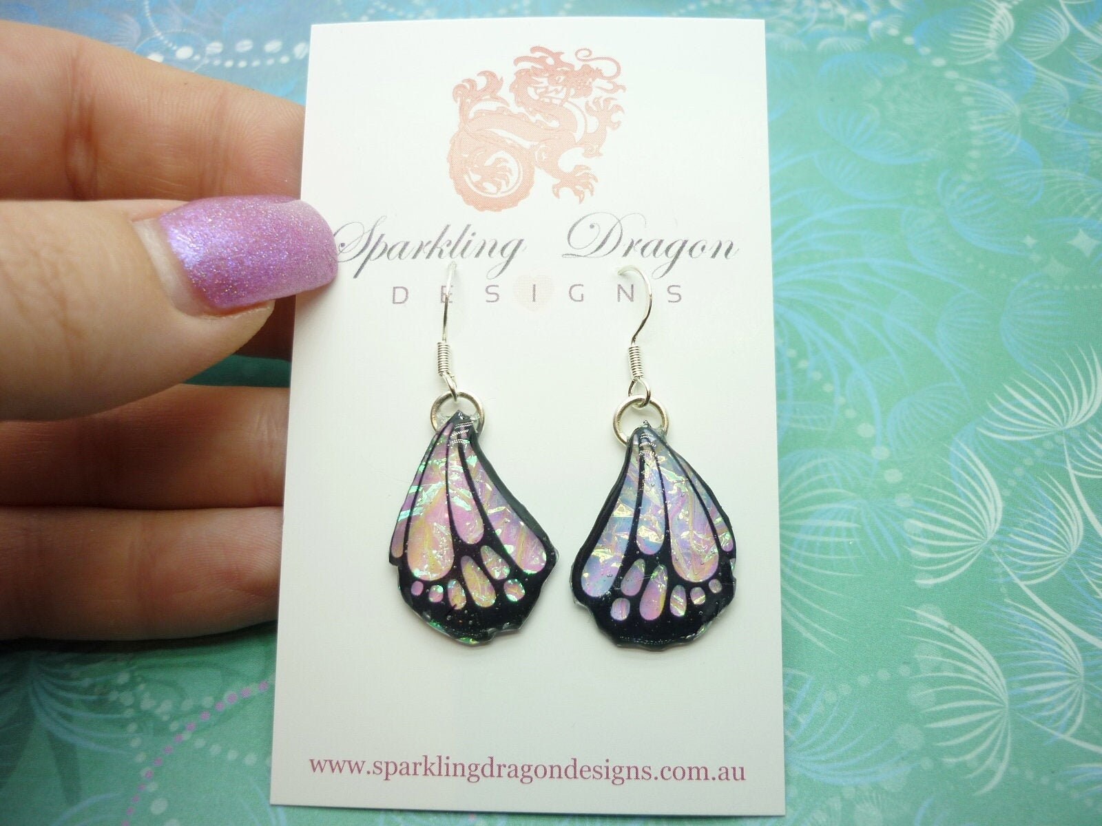 Butterfly Wings Earrings Colour Shift Pink/Green, Small - Fairy Jewellery, Fairy Wing Earrings - Sparkly - Resin with Glitter Finish - Image 2