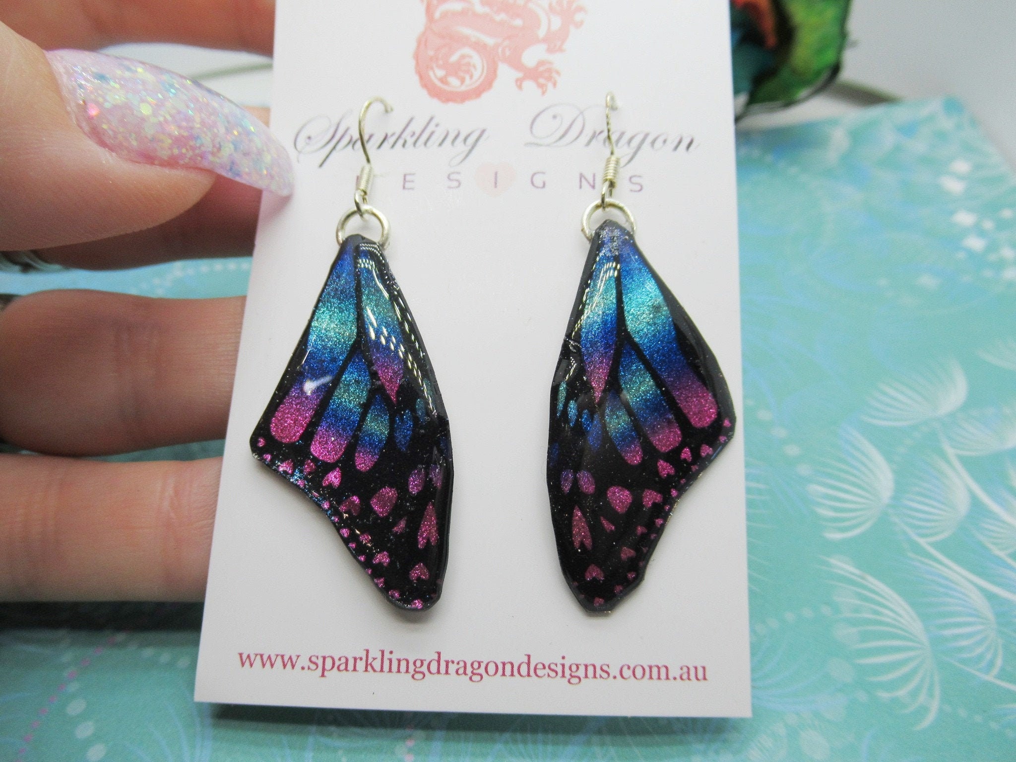 Butterfly Wing Earrings Blue & Pink - Fairy Jewellery, Fun Gift for her Fairy Wing Earrings - Sparkly - Resin with Glitter Finish - Image 2