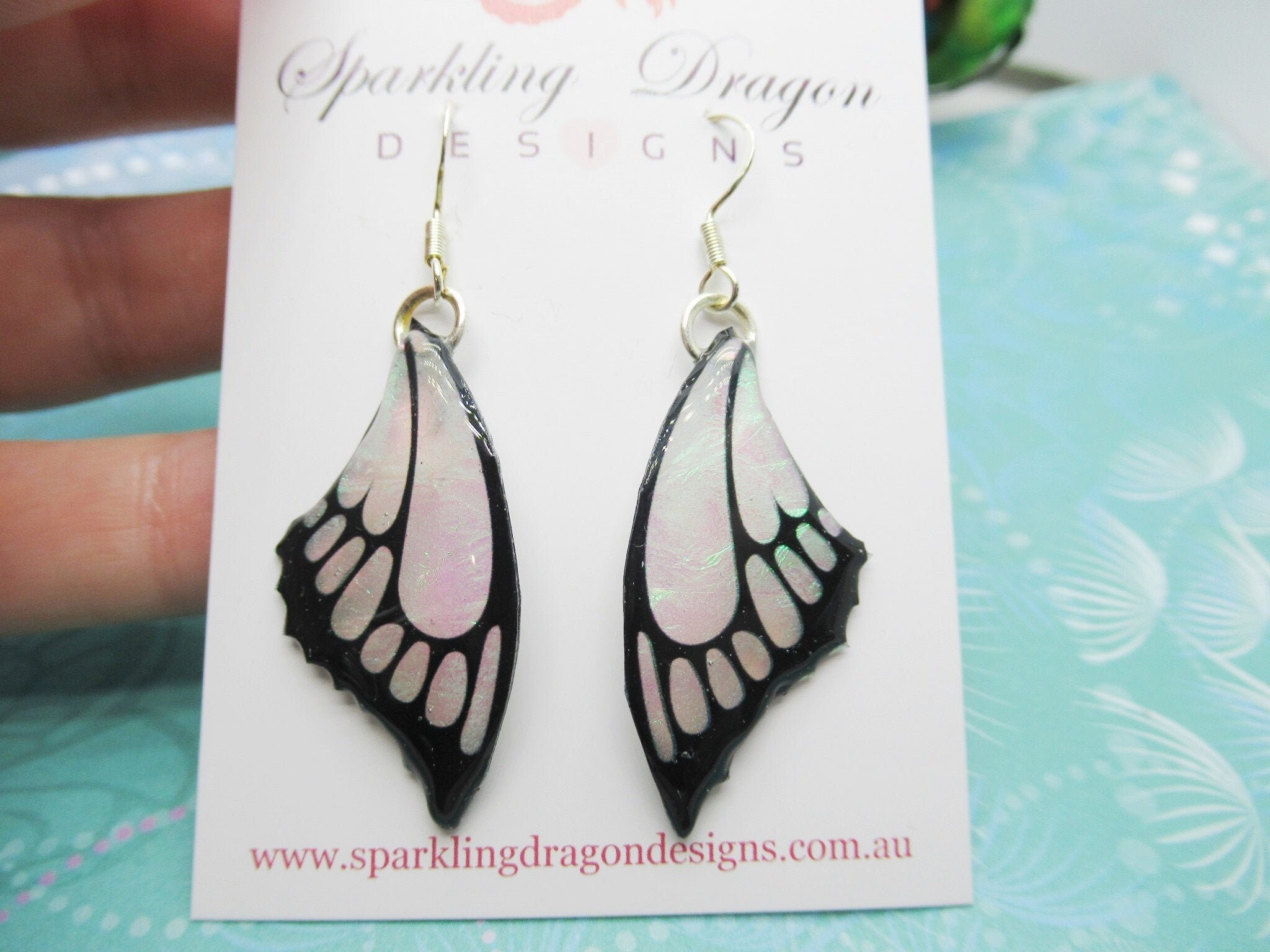 Butterfly Wings with Point Earrings Colour Shift Pink & Green - Fairy Jewellery, Fairy Wing Earrings - Sparkly - Resin with Glitter Finish