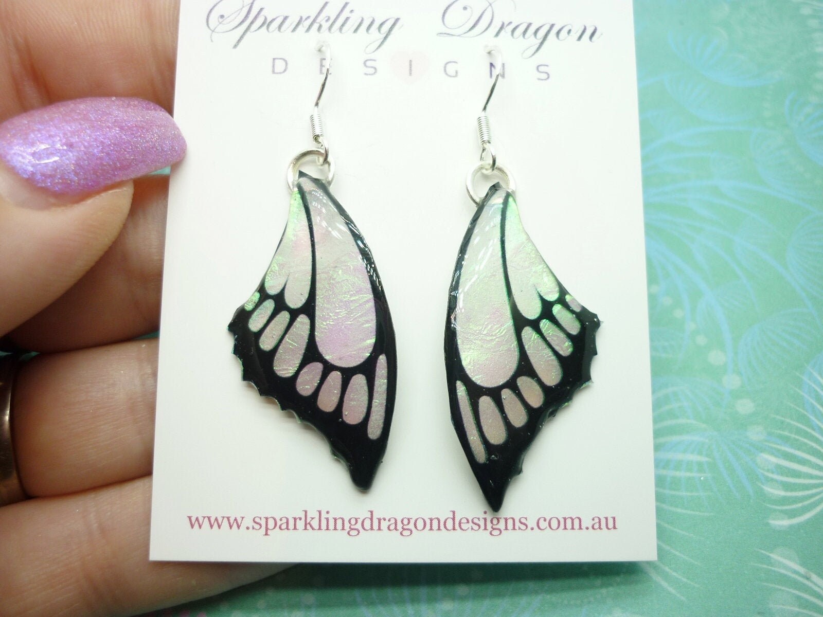 Butterfly Wings with Point Earrings Colour Shift Pink & Green - Fairy Jewellery, Fairy Wing Earrings - Sparkly - Resin with Glitter Finish - Image 2