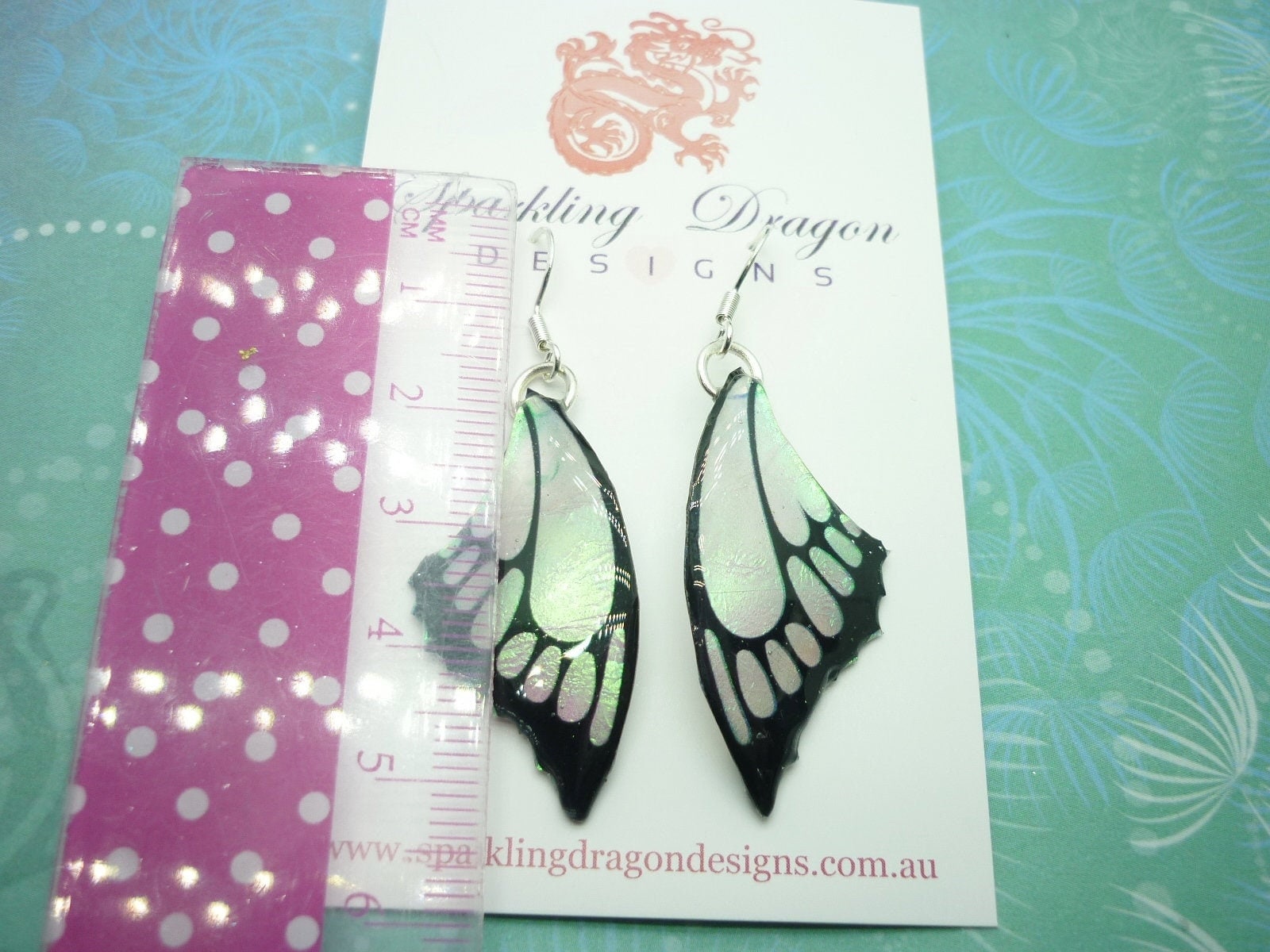 Butterfly Wings with Point Earrings Colour Shift Pink & Green - Fairy Jewellery, Fairy Wing Earrings - Sparkly - Resin with Glitter Finish - Image 3